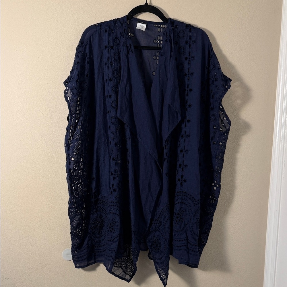 J Crew Blue Eyelet Crochet Open Front Lightweight Kimono Beach Cover